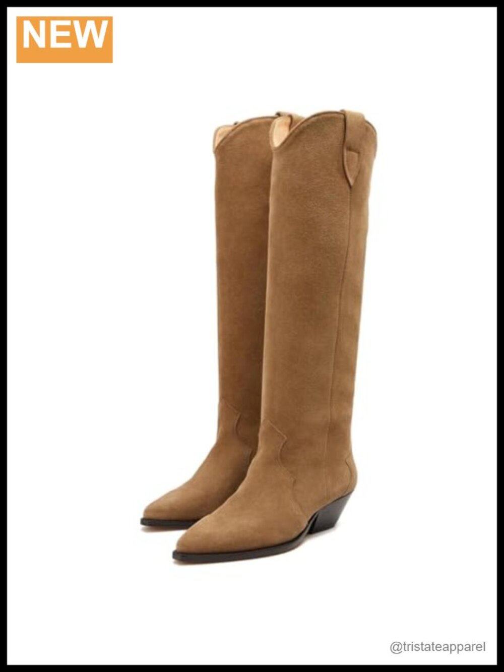 Camel Suede Knee High Boots Snip Toe Chunky Heel Cowgirl Wide Calf